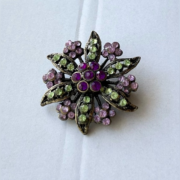 Jewelry - Vintage Rhinestone Flower Brooch Pink Green Tone 2"